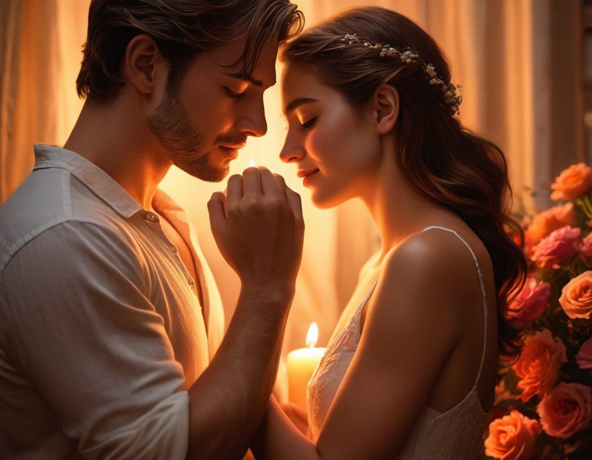 A romantic scene depicting a couple in an intimate moment, surrounded by soft candlelight and lush, vibrant flowers. Incorporate symbolism of affection, such as intertwined hands and a glowing heart in the background. Emphasize warmth and connection with warm tones and dreamy textures. super-realistic. vibrant colors. soft lighting.