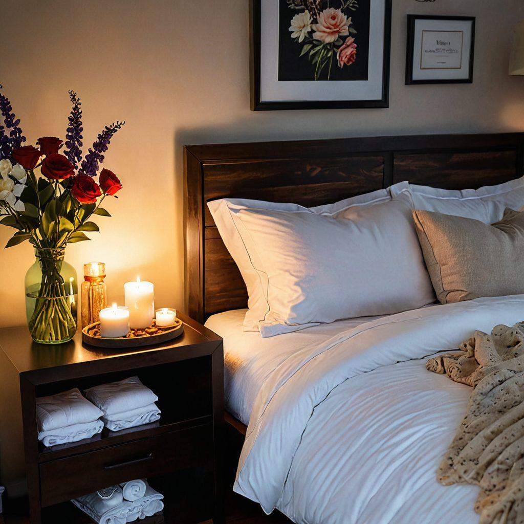 A cozy and intimate bedroom setting with soft, warm lighting, featuring a comfortable bed adorned with romantic pillows and a bouquet of flowers on the nightstand. Include a couple sharing a loving gaze, surrounded by candles and sensual objects, suggesting warmth and connection. Subtle hints of wellness, like aromatherapy diffusers and calming decor, to evoke a sense of fulfillment. vibrant colors. super-realistic.